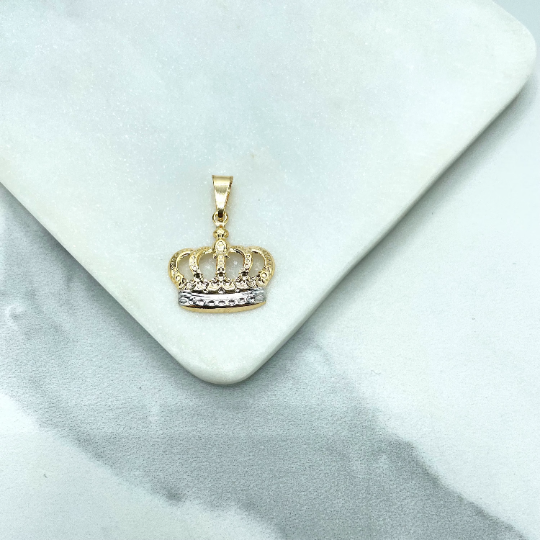 18k Gold Filled Two Tone Texturized Cutout Vintage Crown Charm Pendant, Queen Princess King Crown