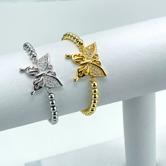 18k Gold Filled or Silver Filled Cubic Zirconia Detail in Cutout Butterfly Charm Beaded Bracelet, Wholesale Jewelry Making Supplies