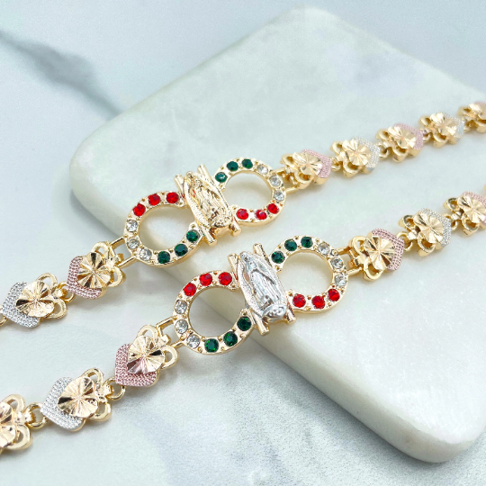 18k Gold Filled CZ Mexican Flag with Gold or Silver Virgen De Guadalupe, Our Lady of Guadalupe, Tri-Tone Linked Flower Bracelet Wholesale
