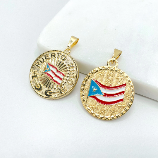 18k Gold Filled Texturized Puerto Rico Colored Medal Flag Pendant