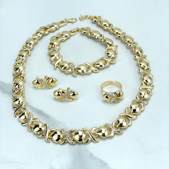 18k Gold Filled Clear Cubic Zirconia Details, XoXo Hug and Kisses Chain Shape SET, 04 Pieces