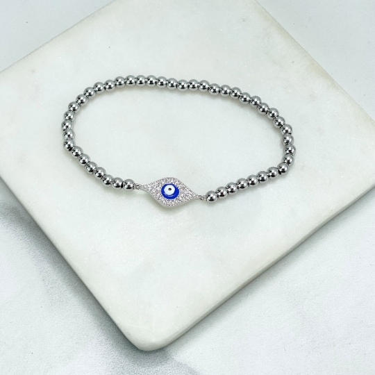 18k Gold Filled or Silver Filled Blue Enamel & Micro CZ Evil Eye Shape Charm, Beaded Fancy Fashion Bracelet, Wholesale Jewelry Supplies