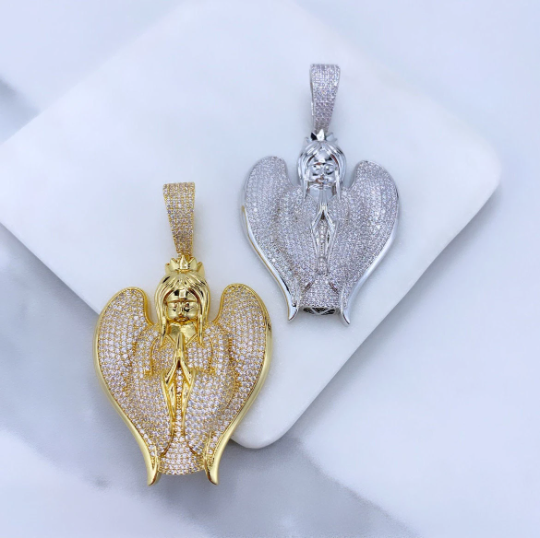18k Gold Filled or Silver Filled Micro Pave Puffed Praying Angel Shape Pendant Only, with Large Bail