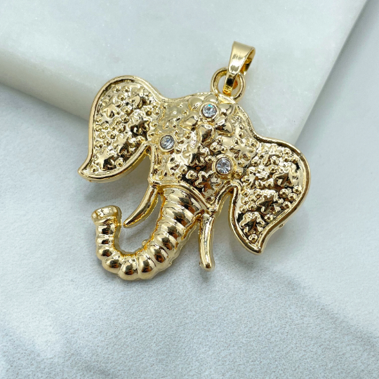 18k Gold Filled Texturized Elephant Shape Design with CZ Eyes and Third Eye Pendant Charms, Luck & Protection