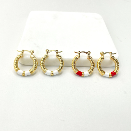 18k Gold Filled White or Red Enamel Twisted Hoop Earrings