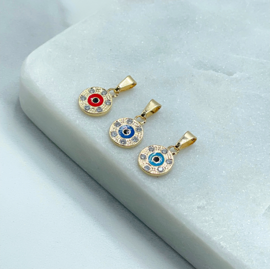 18k Gold Filled Clear Cubic Zirconia, Red, Dark Blue or Blue Evil Eye in Circle Small Charms Pendant, Wholesale Jewelry Making Supplies
