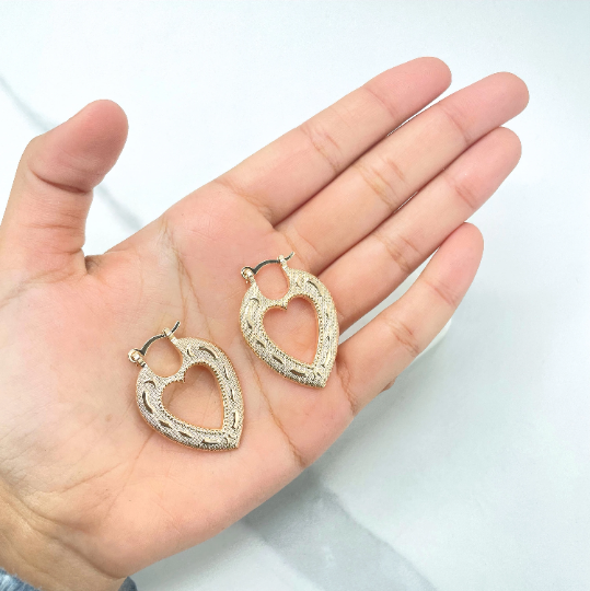 18k Gold Filled Texturized Cutout Heart Shape Hoop Earrings, Romantic Earrings