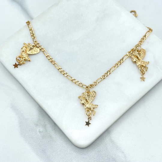18k Gold Filled 4mm Figaro Chain and Bees holding a Star Charms Linked Bracelet