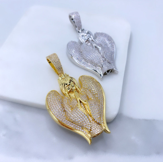 18k Gold Filled or Silver Filled Micro Pave Puffed Praying Angel Shape Pendant Only, with Large Bail