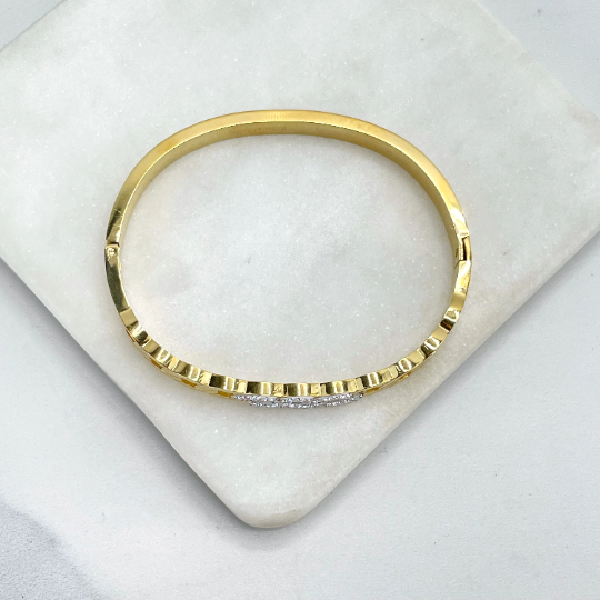 Stainless Steel Gold or Silver Plated With Micro Cubic Zirconia, Links Front Design, Bangle Bracelet
