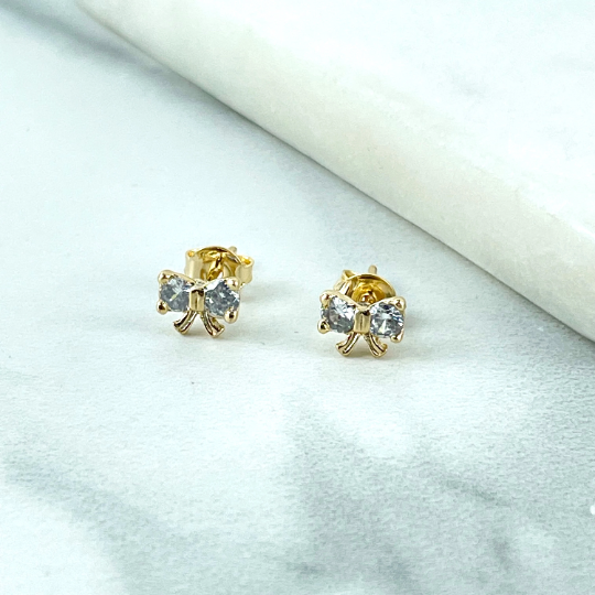 18k Gold Filled Clear Cubic Zirconia Pettie Small Bow Shape Stud Earrings, Delicate Vintage Romantic Earrings