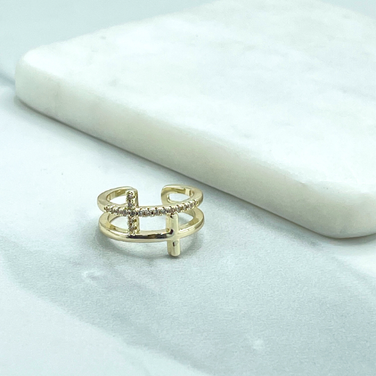 18k Gold Filled Clear Cubic Zirconia Cross & Plain Cross Ring, Double Cutout Cross Adjustable