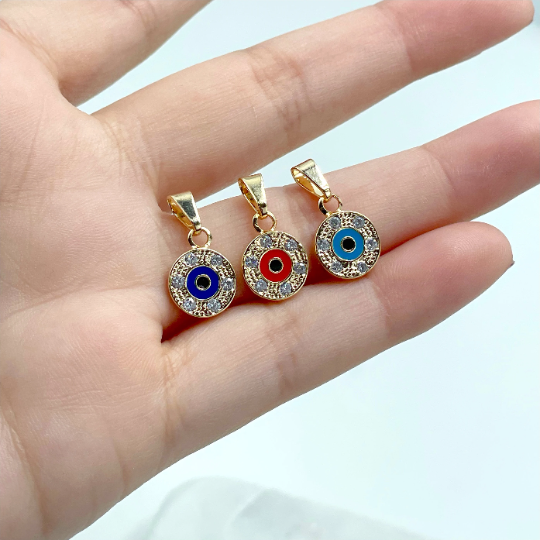 18k Gold Filled Clear Cubic Zirconia, Red, Dark Blue or Blue Evil Eye in Circle Small Charms Pendant, Wholesale Jewelry Making Supplies