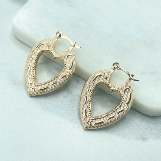 18k Gold Filled Texturized Cutout Heart Shape Hoop Earrings, Romantic Earrings