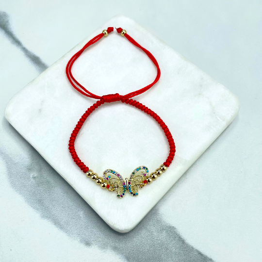 18k Gold Filled Colored Cubic Zirconia Butterfly Charms with Gold Beads, Adjustable Red Bracelet, Wholesale Jewelry Making Supplies