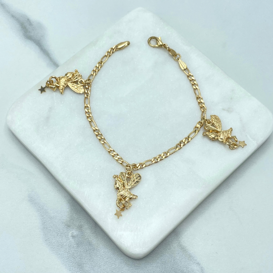 18k Gold Filled 4mm Figaro Chain and Bees holding a Star Charms Linked Bracelet