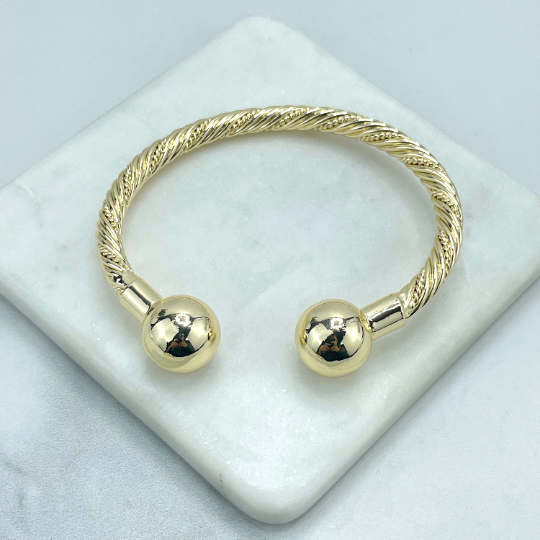 18k Gold Filled Twisted Bangle Featuring Two Solid Balls On Top, Cuff Bracelets, C-Shaped, Two Different Styles, Wholesale Jewelry Supplies
