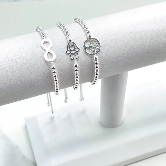 925 Sterling Silver Beads Bracelets, Infinity, Hansa Hand or Three of Life Charms