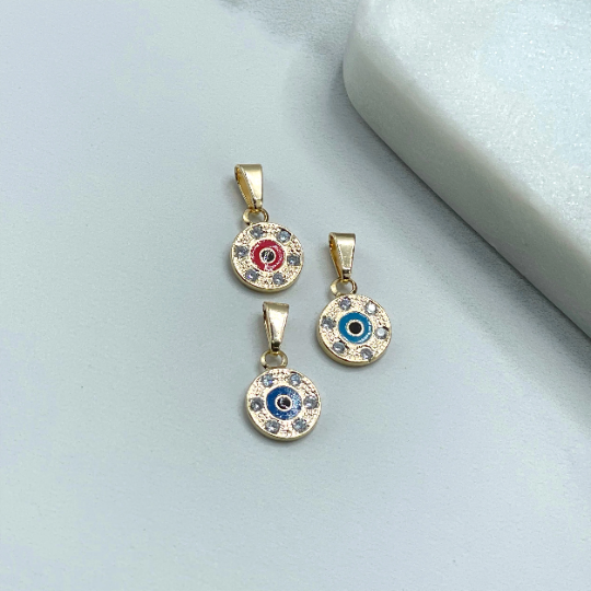 18k Gold Filled Clear Cubic Zirconia, Red, Dark Blue or Blue Evil Eye in Circle Small Charms Pendant, Wholesale Jewelry Making Supplies
