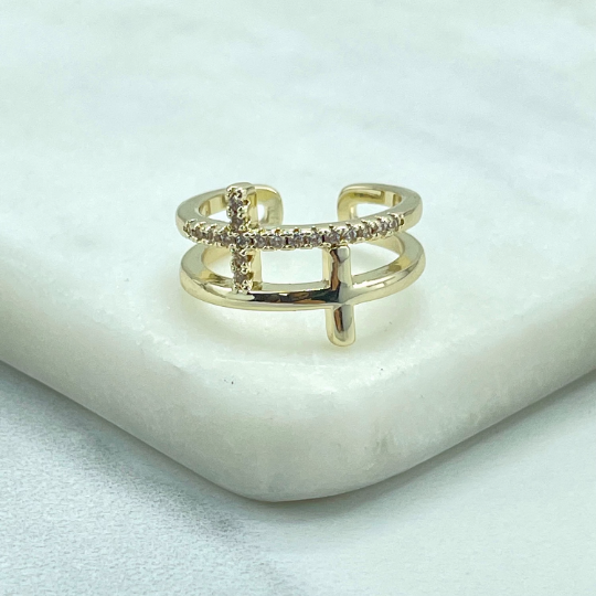 18k Gold Filled Clear Cubic Zirconia Cross & Plain Cross Ring, Double Cutout Cross Adjustable Ring, Wholesale Jewelry Making Supplies