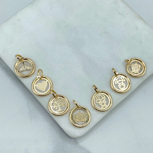 18k Gold Filled Circle Cutout Charms Pendants, Mermaid Tail, Heart, Tree of Life, Crown, Boy, Girl, or Turtle