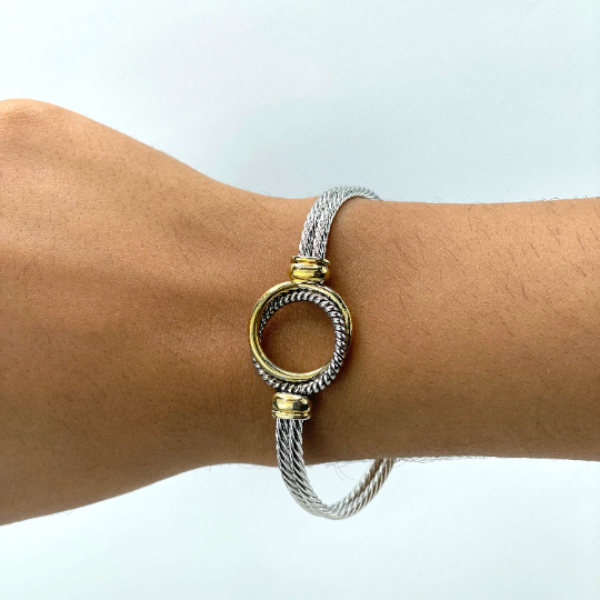 Stainless Steel Gold and Silver Plated, Circle Front Design, Cable Cuff Bracelet