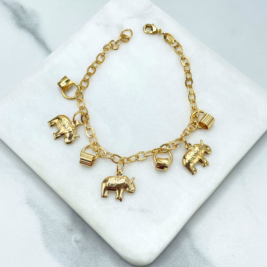 18k Gold Filled 4mm Rolo Chain with Elephants Charms and Gold Cylinder Linked Bracelet
