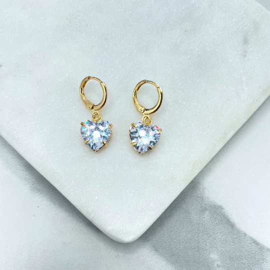18k Gold Filled Huggie Earrings with Dangle Clear Cubic Zirconia Heart Shape Charms