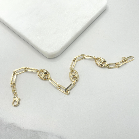 18k Gold Filled 9mm Puff Mariner Link with 6mm Paperclip Link Bracelet