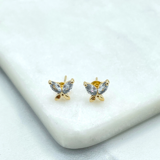 18k Gold Filled Clear Cubic Zirconia Pettie Small Butterfly Shape Stud Earrings