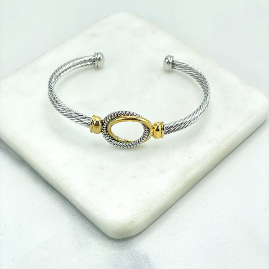 Stainless Steel Gold and Silver Plated, Circle Front Design, Cable Cuff Bracelet