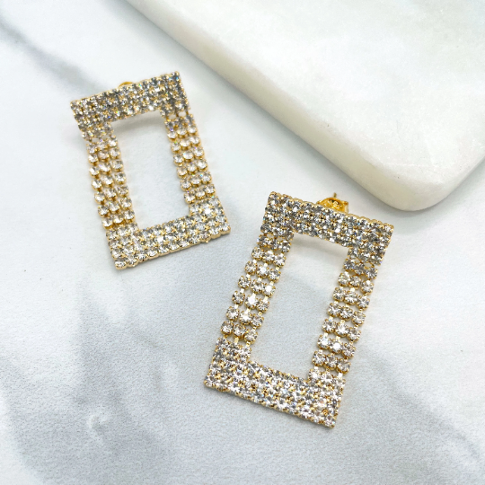 18k Gold Filled Elegant Cutout Rectangular Shape, Mesh Cubic Zirconia Dangle Earrings