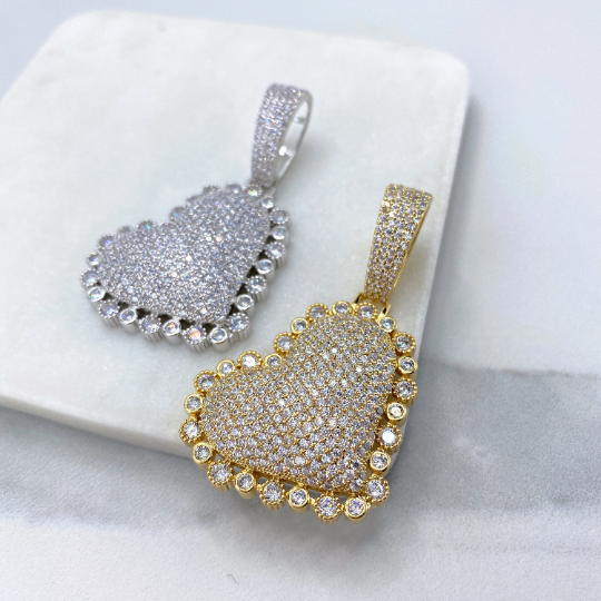 18k Gold Filled or Silver Filled Micro Pave Puffed Heart Shape Pendant Only, with Large Bail