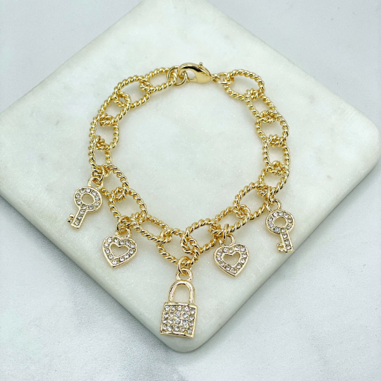 18k Gold Filled 7mm Twisted Curb Link Chain with Cubic Zirconia Charms Bracelet, Hearts, Keys & Lock