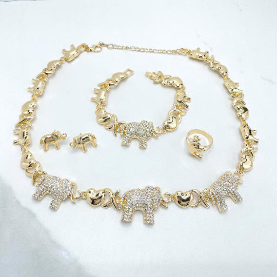 18k Gold Filled Cubic Zirconia Elephant Hug & Kisses XoXo Design 04 Pieces Set