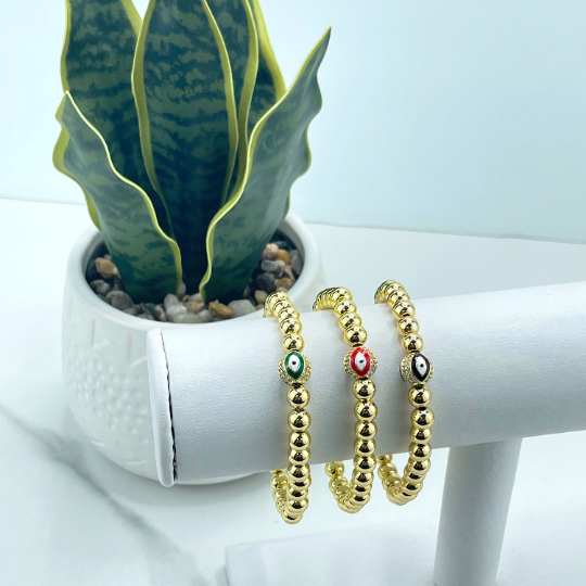 18k Gold Filled Cubic Zirconia Details Toped on Red, Green or Black Enamel Evil Eye Charm, Beaded Bracelet Wholesale Jewelry Supplies