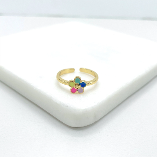 18k Gold Filled Colored Enamel Happy Face Flower Adjustable Ring