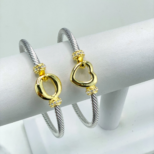 Stainless Steel Gold and Silver Plated, Circle Front Design or Heart Front, Cable Cuff Bracelet