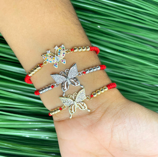 18k Gold Filled or Silver Filled Colorful or Clear CZ Butterfly Charms Adjustable Slide Clasp Red Bracelets, Wholesale Jewelry Supplies
