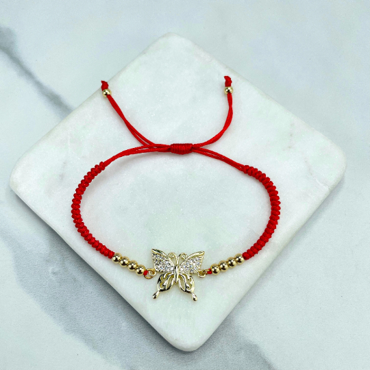 18k Gold Filled or Silver Filled Colorful or Clear CZ Butterfly Charms Adjustable Slide Clasp Red Bracelets, Wholesale Jewelry Supplies