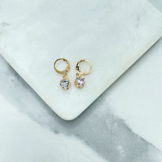 18k Gold Filled Huggie Earrings with Dangle Pettie Clear Cubic Zirconia Heart Shape Charms