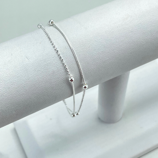 925 Sterling Silver Two Layers with Box Chain, Satellite Chain & Beads Bracelet with Extender, Stamped 925, Wholesale Jewelry Supplies