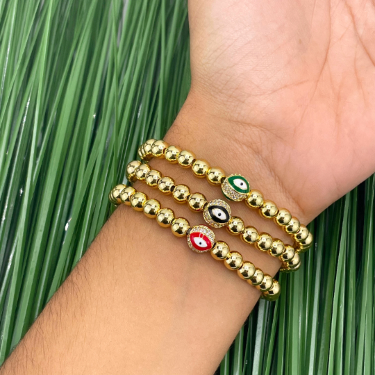 18k Gold Filled Cubic Zirconia Details Toped on Red, Green or Black Enamel Evil Eye Charm, Beaded Bracelet Wholesale Jewelry Supplies