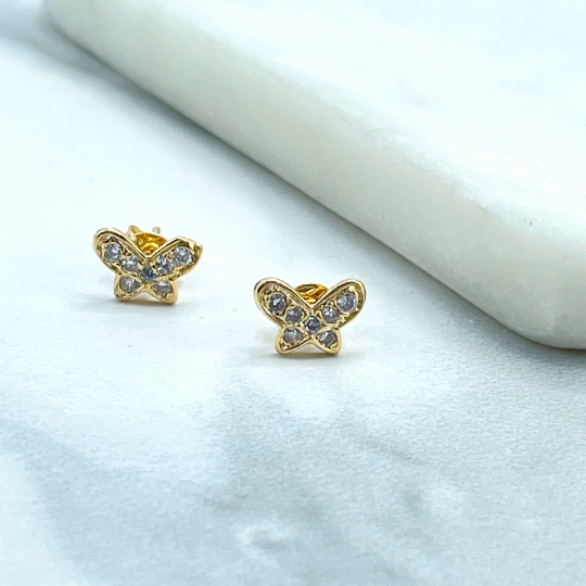 18k Gold Filled Clear Cubic Zirconia Pettie Small Butterfly Shape Stud Earrings, Delicate Vintage Romantic Earring