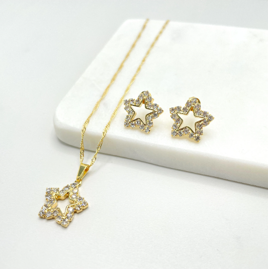 18k Gold Filled Singapore Necklace & Cubic Zirconia Star Charms, Necklace and Earrings Set
