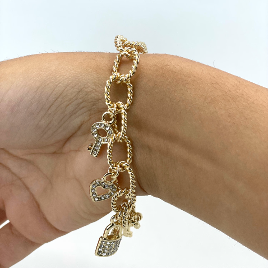 18k Gold Filled 7mm Twisted Curb Link Chain with Cubic Zirconia Charms Bracelet, Hearts, Keys & Lock