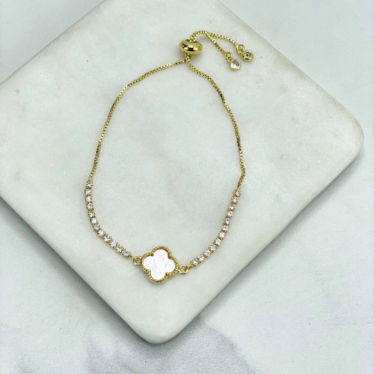 18k Gold Filled or Silver Filled Box Chain & Clear CZ, Madreperola Clover Charm Linked Bracelet, Adjustable Bracelet, Wholesale Jewelry