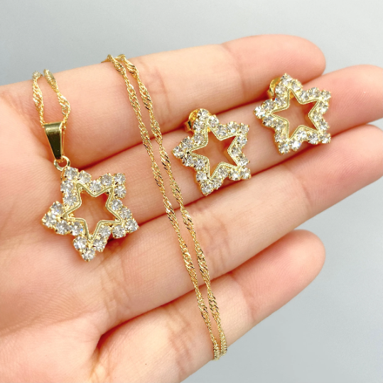 18k Gold Filled Singapore Necklace & Cubic Zirconia Star Charms, Necklace and Earrings Set