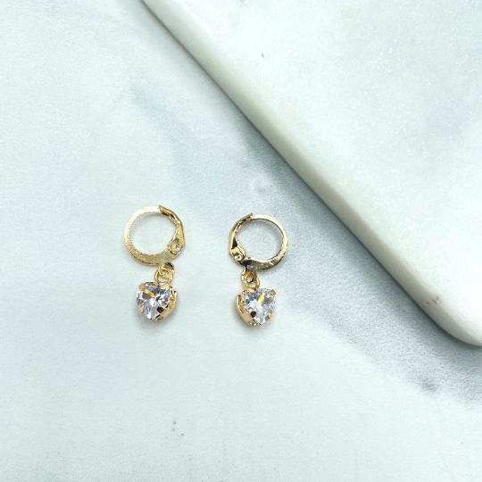 18k Gold Filled Huggie Earrings with Dangle Pettie Clear Cubic Zirconia Heart Shape Charms
