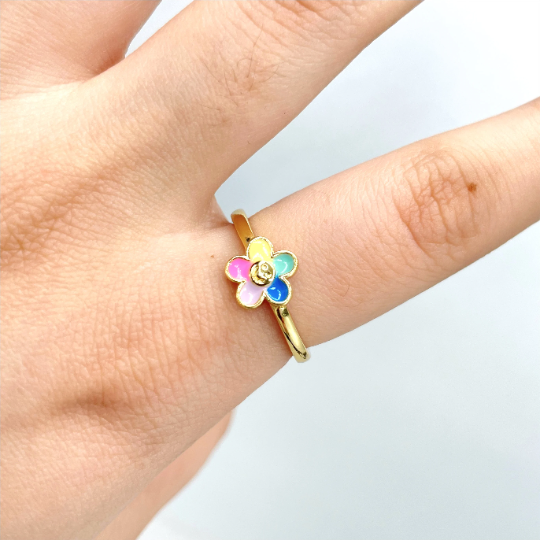 18k Gold Filled Colored Enamel Happy Face Flower Adjustable Ring